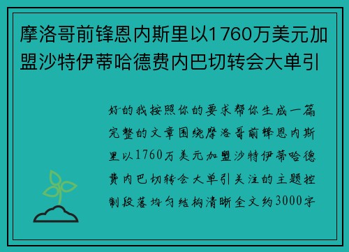 摩洛哥前锋恩内斯里以1760万美元加盟沙特伊蒂哈德费内巴切转会大单引关注 摩洛哥前锋恩内斯里以1760万美元加盟沙特伊蒂哈德费内巴切转会大单引关注